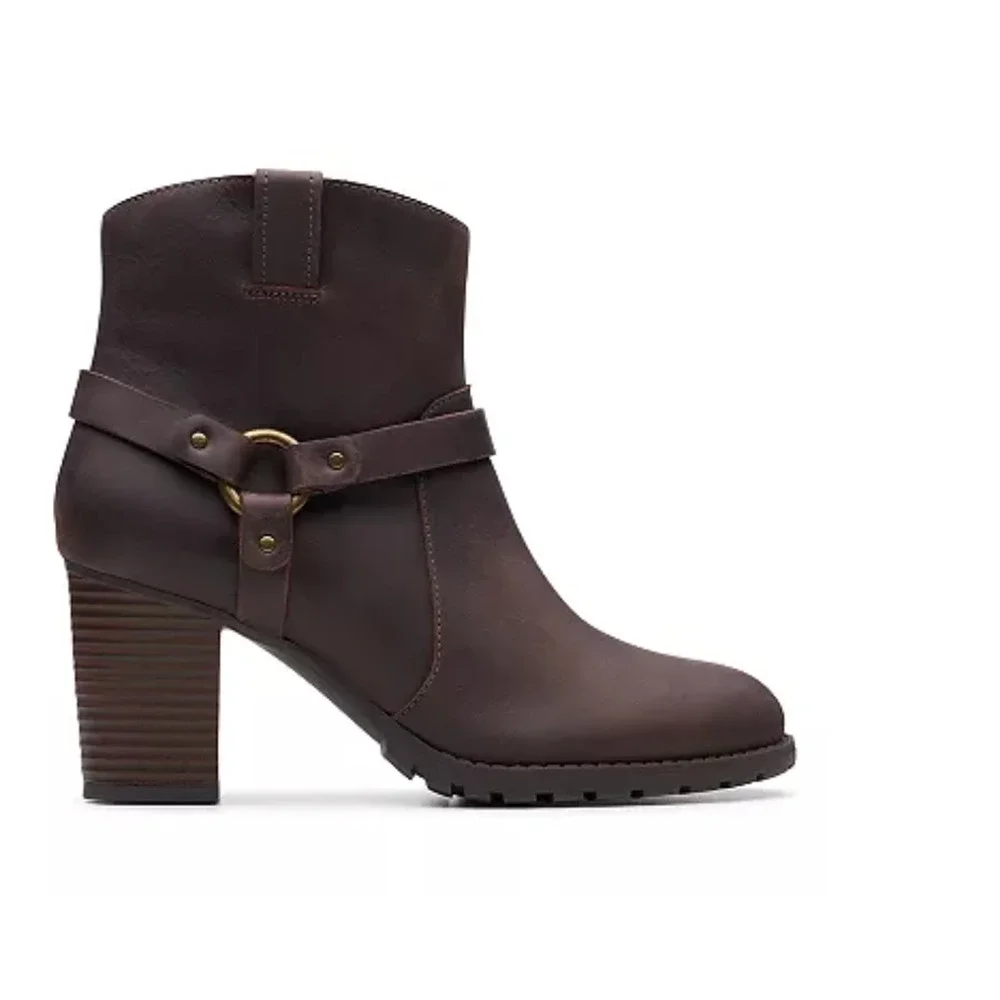 Clarks Verona Rock Ankle Leather Boots 11 NWT Brown Heeled Western Buckle